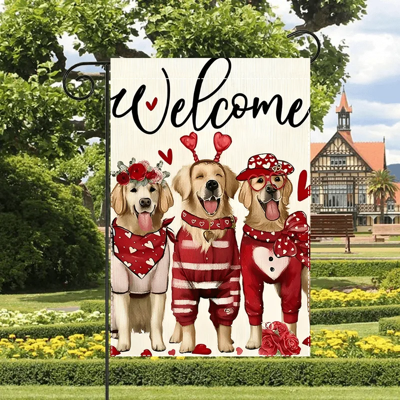 A Cute Dog Welcome Garden Flag - Features A Dog in A Cute Costume Decorated with Red Roses and Hearts, Made of Durable Double-sided Polyester and Measures 12 * 18 Inches, Perfect for Spring/summer Decorations. Flags Only