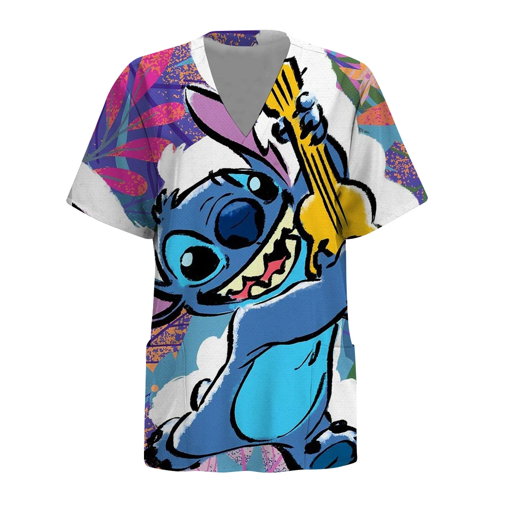Disney Stitch stampa Estate Abbigliamento da infermiera da donna Uniforme da lavoro Tasca con scollo a V Scrub infermieristico Top Negozio di animali Salone di bellezza Lavoro dentale