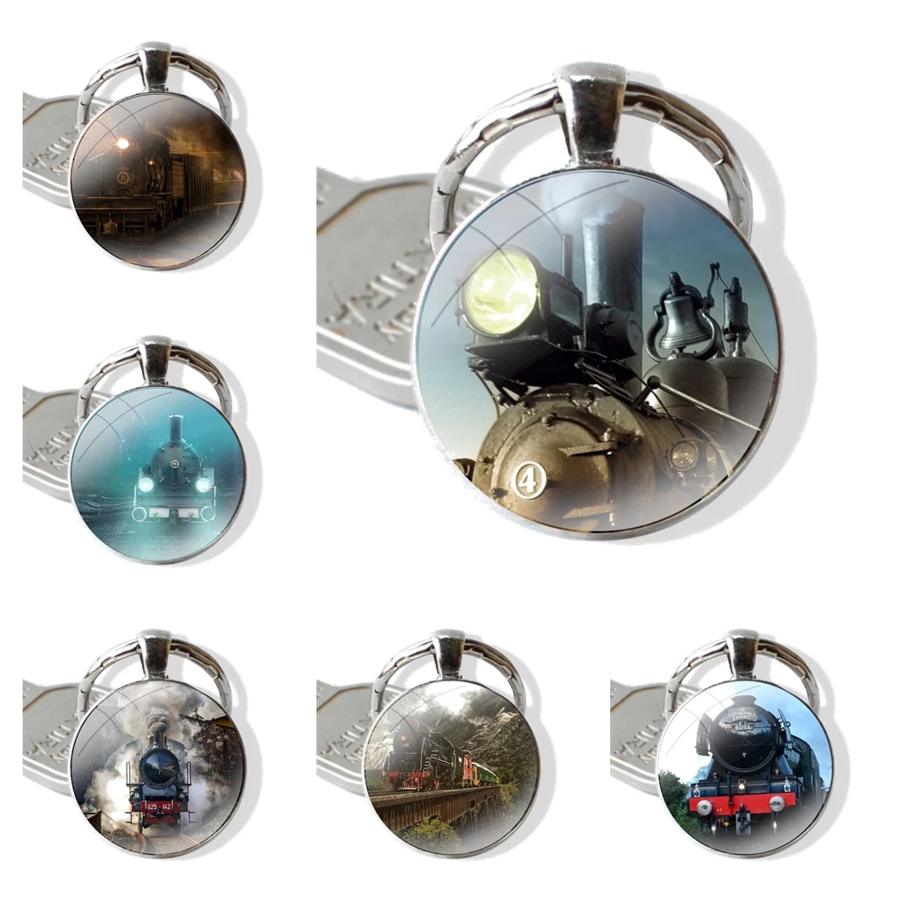 Glass Metal Pendant Key Chain Classic Men Women Key Ring Accessories Jewelry Gifts Steam Trains