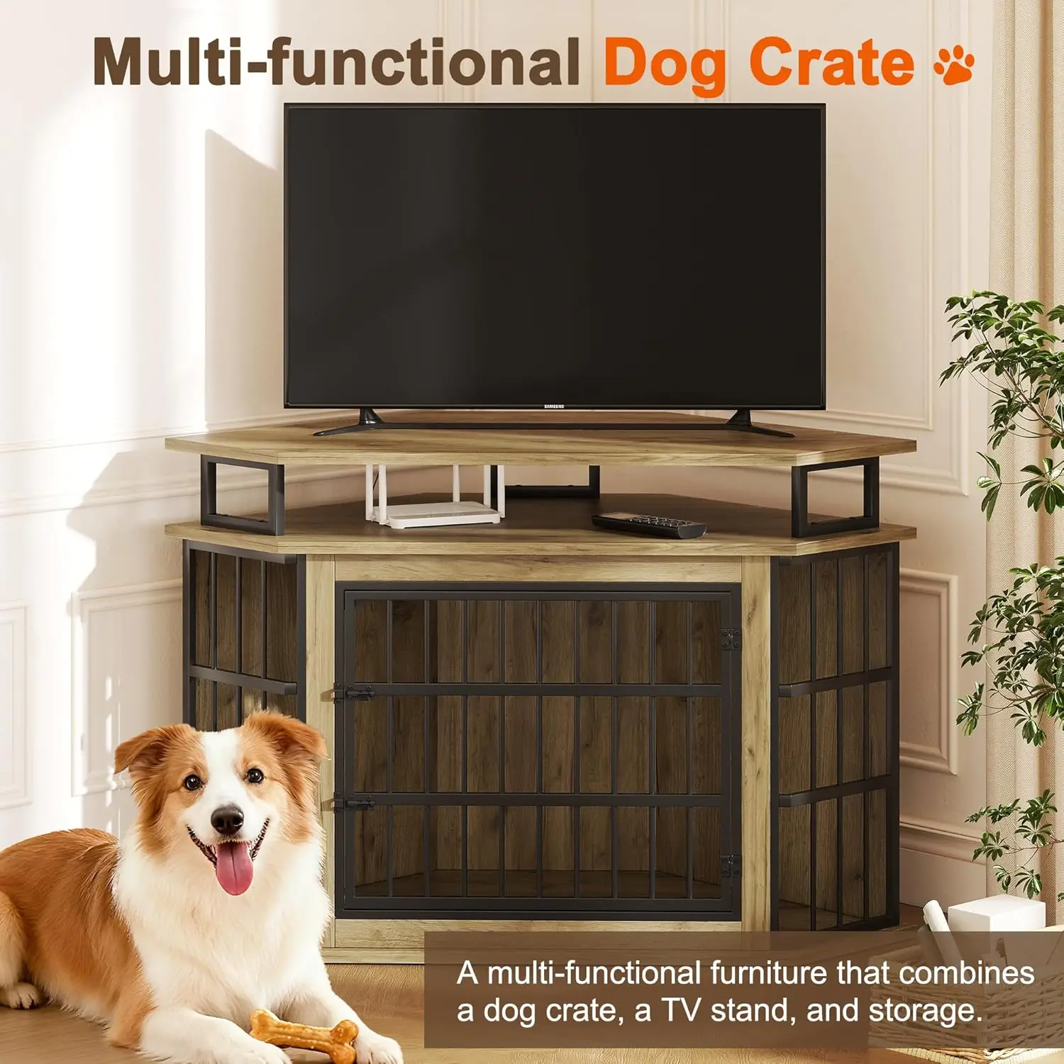 قفص كلب زاوية مقاس 51 بوصة، بيت كلب خشبي كبير مع أرفف من طبقتين، بيت كلب خشبي مزخرف للأطفال الصغار/المتوسط