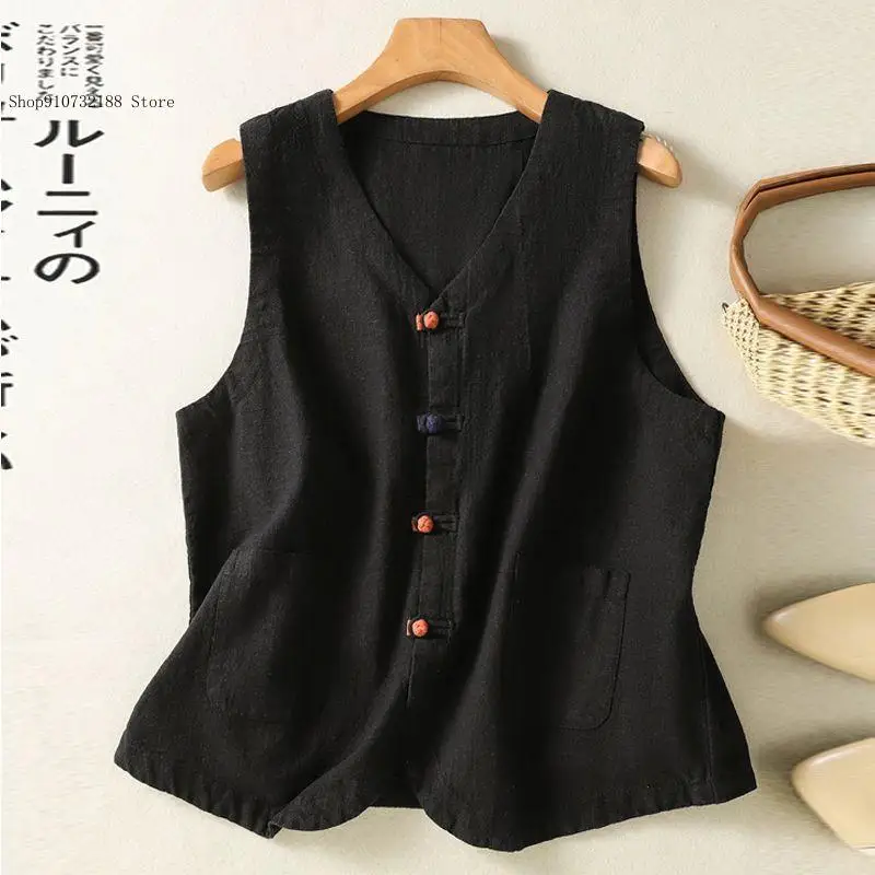 Summer and Autumn Leisure Commuting Pure Color Retro Thin Cotton and Linen Sleeveless Vest Jacket Simple Chinese Style Tops