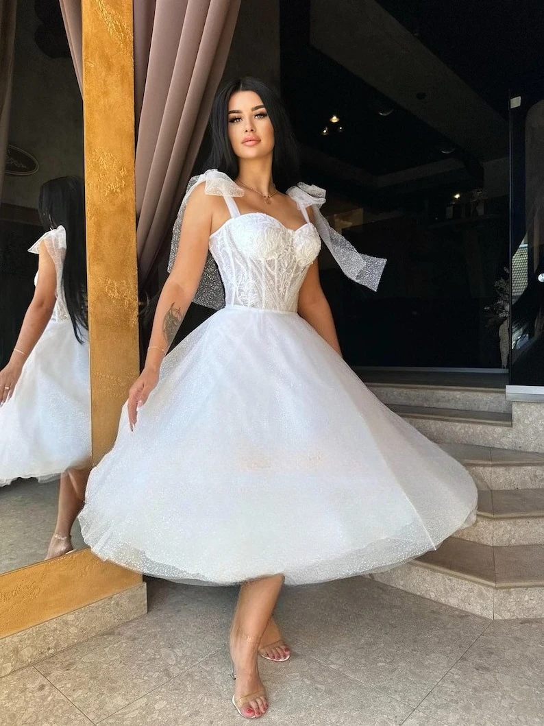 

Свадебные платья чайной длины Elopement Corse Короткое свадебное бальное платье Кружевное платье Белое свадебное простое свадебное платье с вышивкой