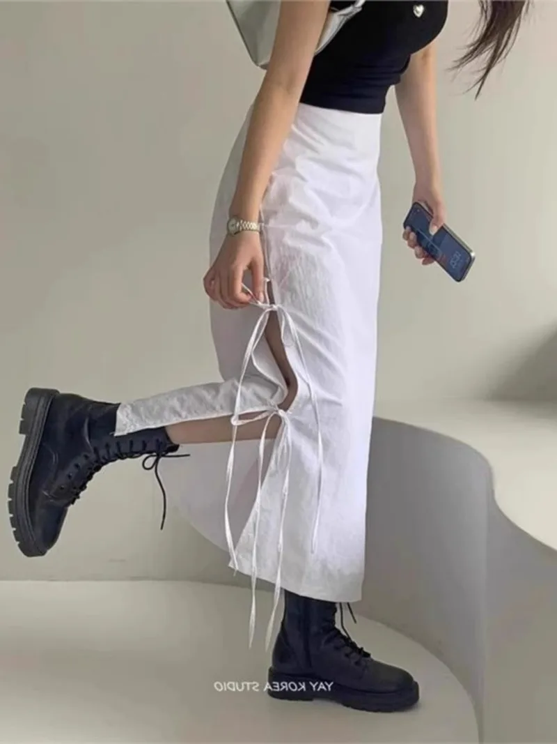 

Elastic High Waist Slim Solid Color Long Skirt Korean Fashion Character Design Sense Jupe Y2k Summer Split Bandage Mujer Faldas