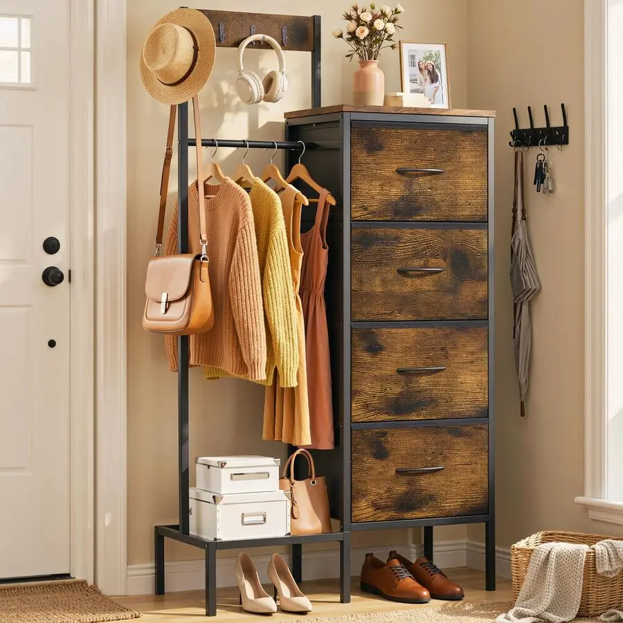 

Комод с 4 ящиками и вешалкой для одежды, 16.93" (глубина) x 12.2" (ширина) x 7.48" (высота), с крючками для шляп, в деревенском стиле, для прихожей