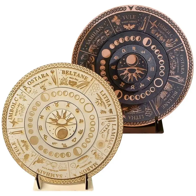 

Wheel Of The Year Calendar Wooden Dowsing Board Astrology Sign With Stand Celestial Holidays Decoration For Cafes Home Decor