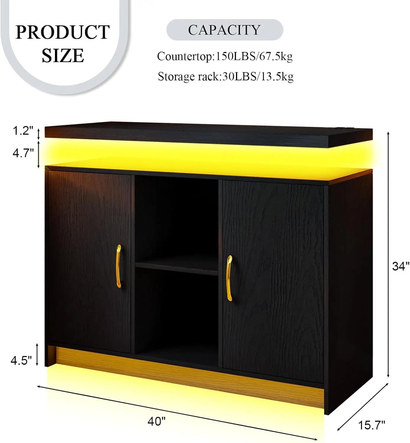 Armário de bar de café LED com estação de carregamento, aparador moderno preto para cozinha ou sala de jantar
