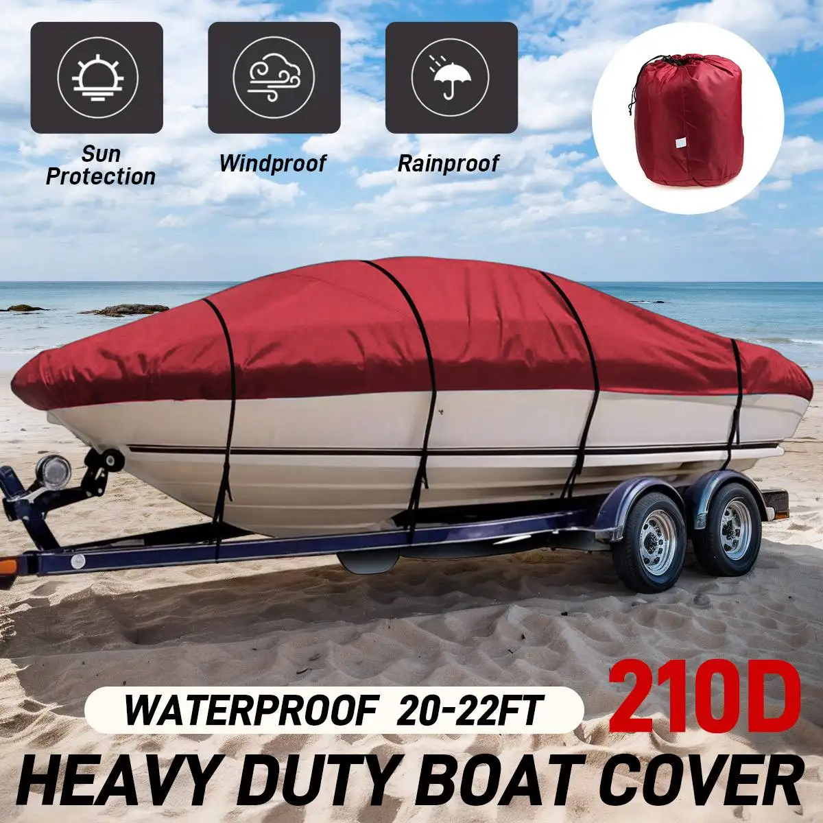 

20-22Ft 210D Waterproof Heavy Duty Boat Cover Anti UV Sunshade Dustproof Case Fishing Ski Trailerable V-Hull Marine Cover Red