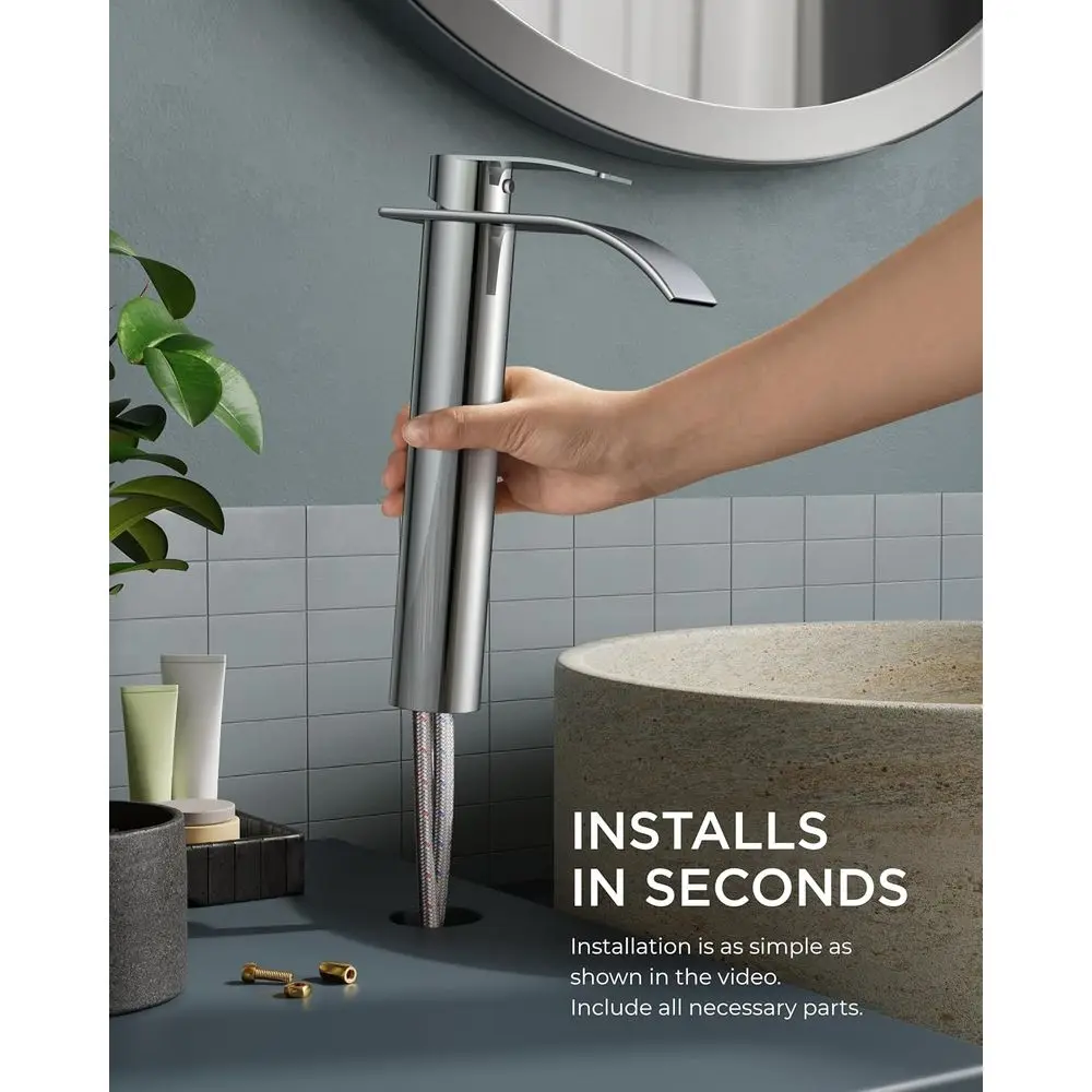 صنبور حوض السفن بمقبض واحد من الكروم مع تصريف معدني، طويل القامة، خالي من الرصاص، فتحة واحدة للحمام أو السفن #5