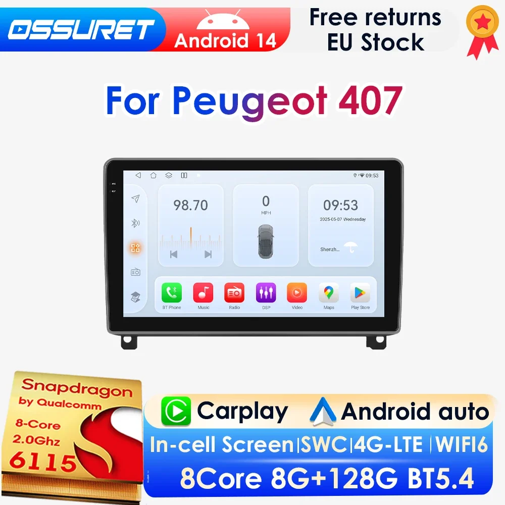 9'' Qualcomm 8 Core 360 ° Telecamera panoramica Wireless CarPlay Android Auto Car Radio per Peugeot 407 cc SW 407CC 2004-2011 GPS 4G BT