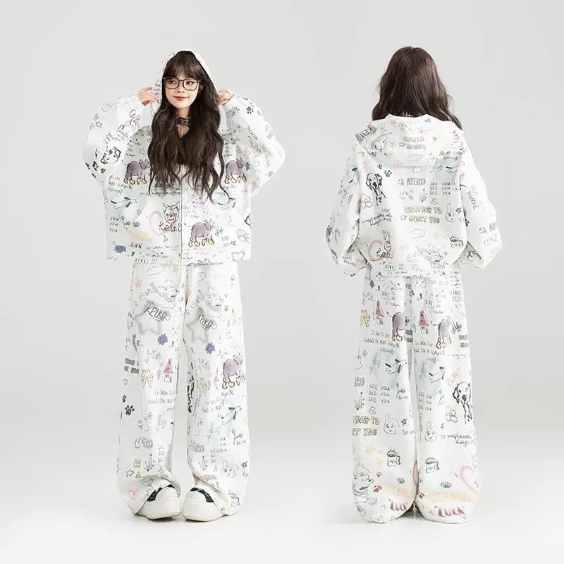 

Cartoon Graffiti Printing 2 Piece Sets Womens Outfits Long Sleeved Zipper Hoodie + Drawstring Pants Autumn Loose Women Y2k Suits