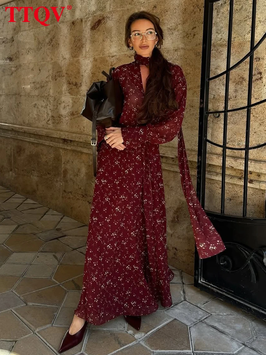 

TTQV модное свободное женское платье с принтом, винтажное платье до щиколотки с v-образным вырезом и длинными рукавами, элегантное классическое женское платье, уличная одежда
