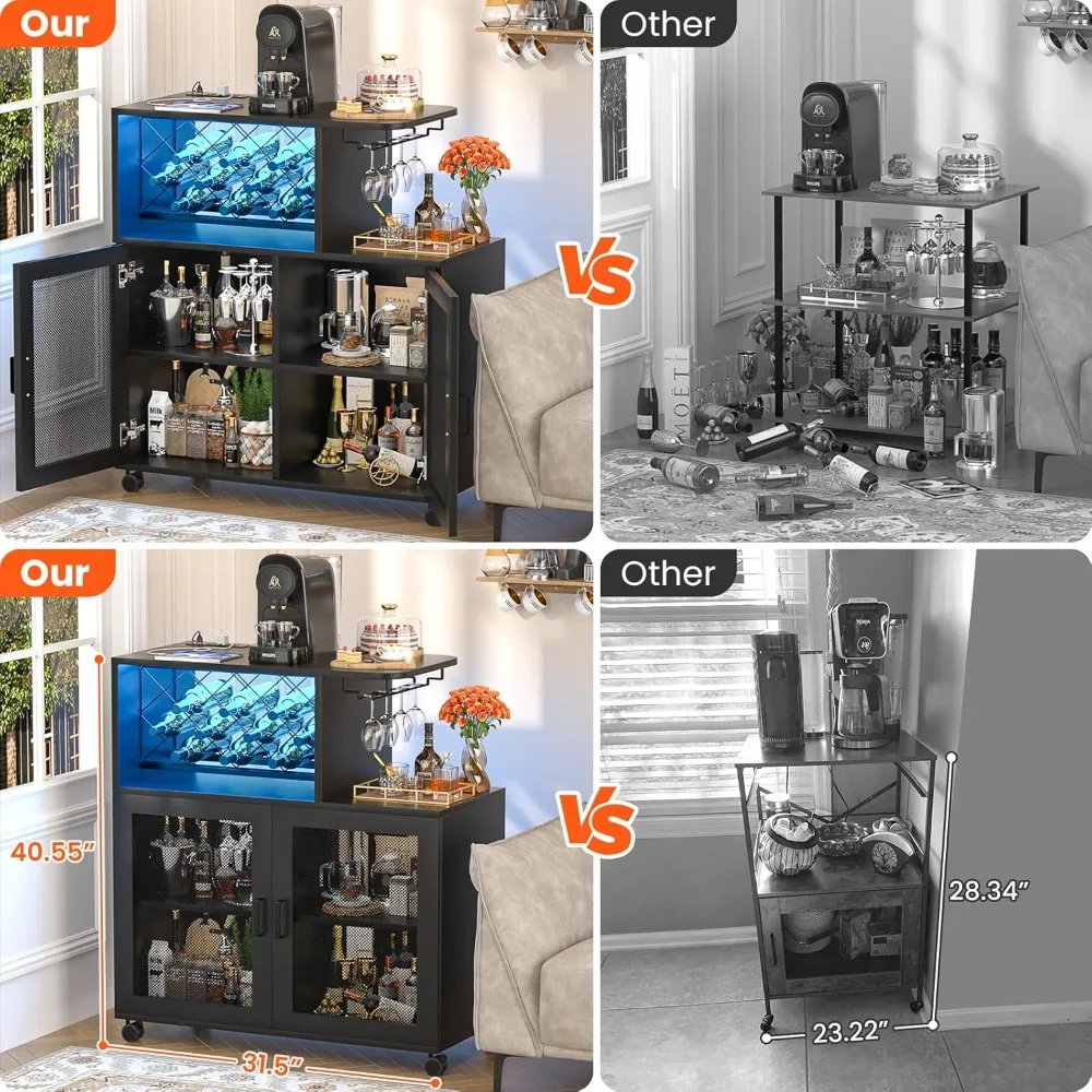 ホイール付きワインバーキャビネット、LEDライト付き小型liquor Cabinet、家庭用バーカート、電源コンセント付き、ワインラック付きコーヒーバー