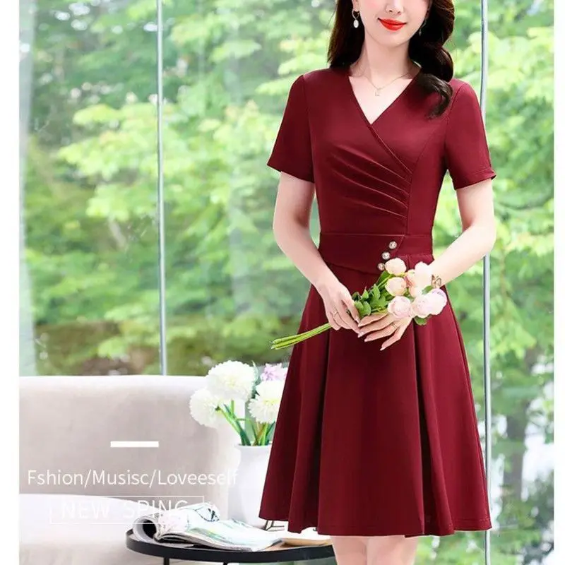 Summer 2024 Women's V-neck New Patchwork Fashion Solid Color Button Folds Zipper Elegant Office Lady A-line Short Sleeve Dresses