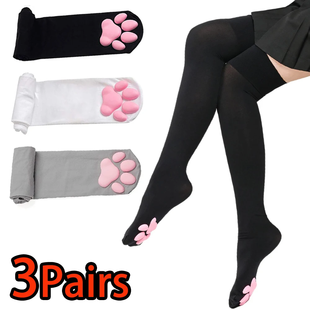 JK Cozy Charming Cat Paw Knit Thigh High Socks for Women Japanese Kawaii Cute Pink Over Knee Socks for Cosplay Lolita Festivals