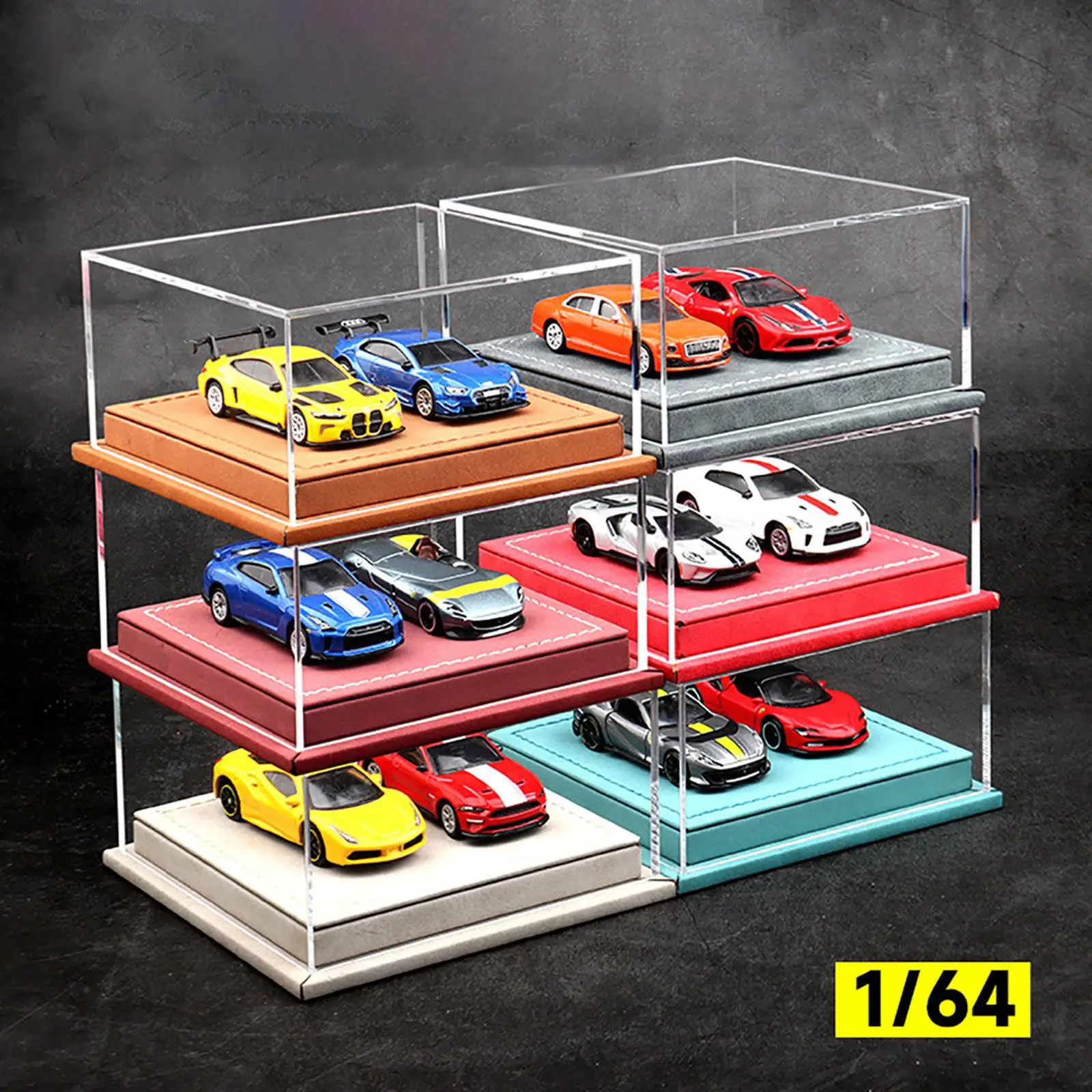 1: 64 Scale Toy Cars Display Box 12.7x12.2x6.5cm for Home Decoration Vehicle Model Organizer Versatile Sturdy PU Leather Base