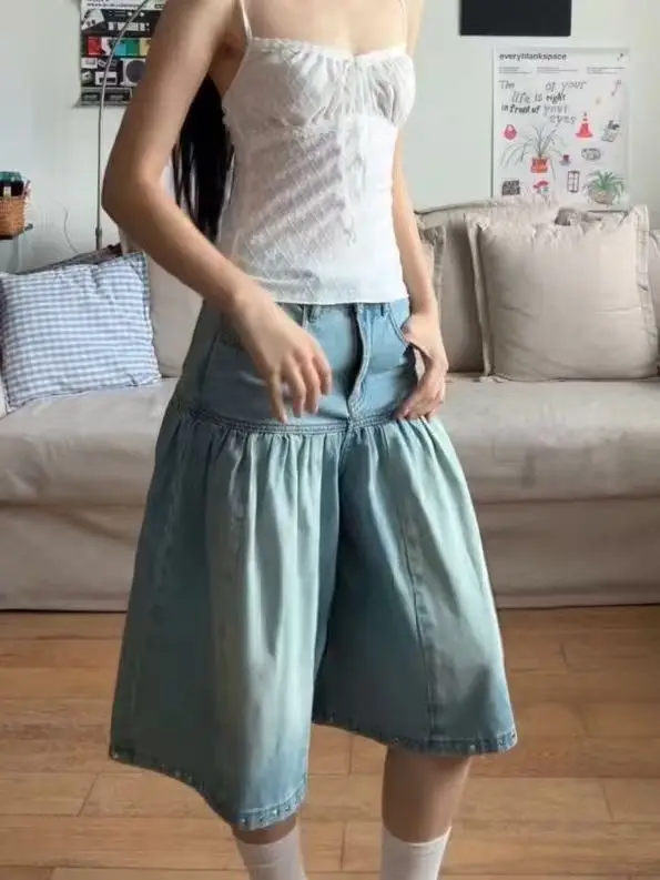 

2026 Summer New Women's Jeans Loose High Waist Splicing Wide Leg Cropped Pants
