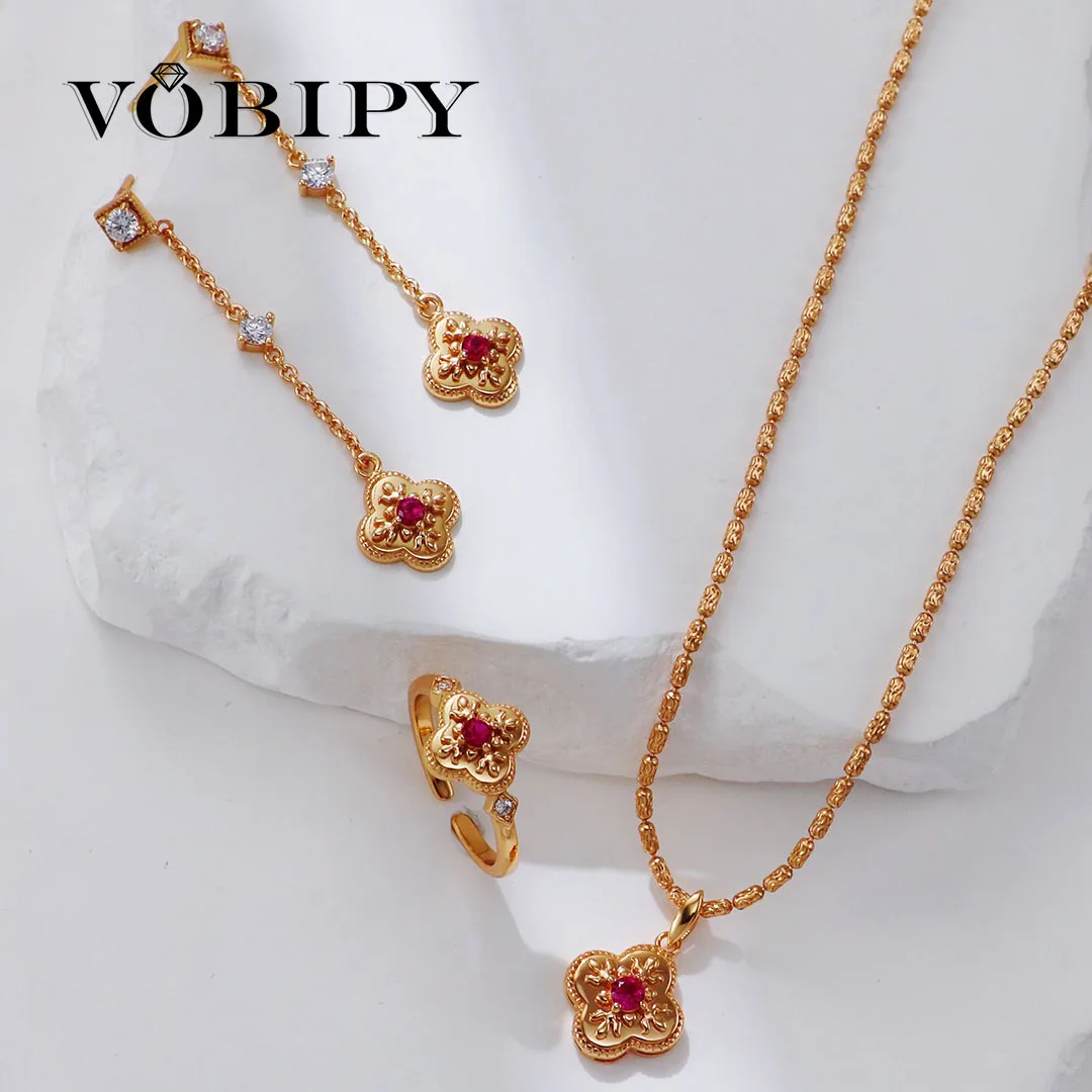 

VOBIPY 925 Sterling Silver Retro Earring Ring Pendant Necklace Set For Women Birthday Gift Fine Jewelry Set Setting Red Zircon