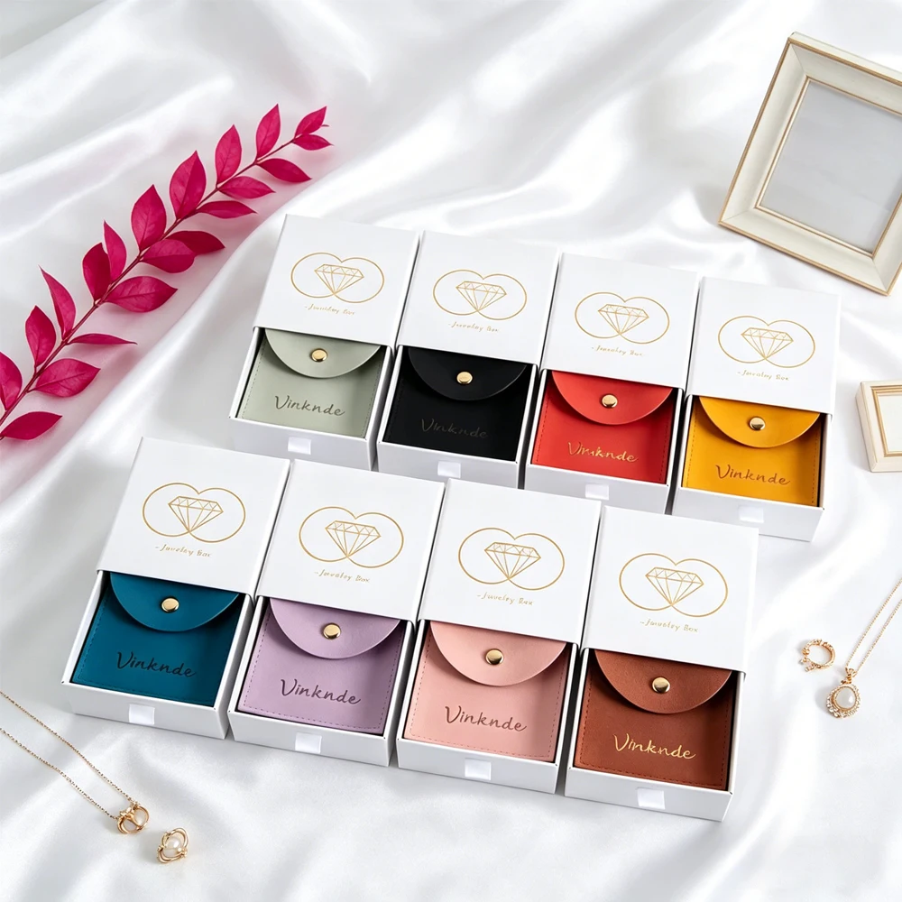 

24Pcs Custom Logo White Drawer Box Cardboard Jewelry Boxes With Velvet Microfiber Snap Button Bag For Brooch Necklace Earring