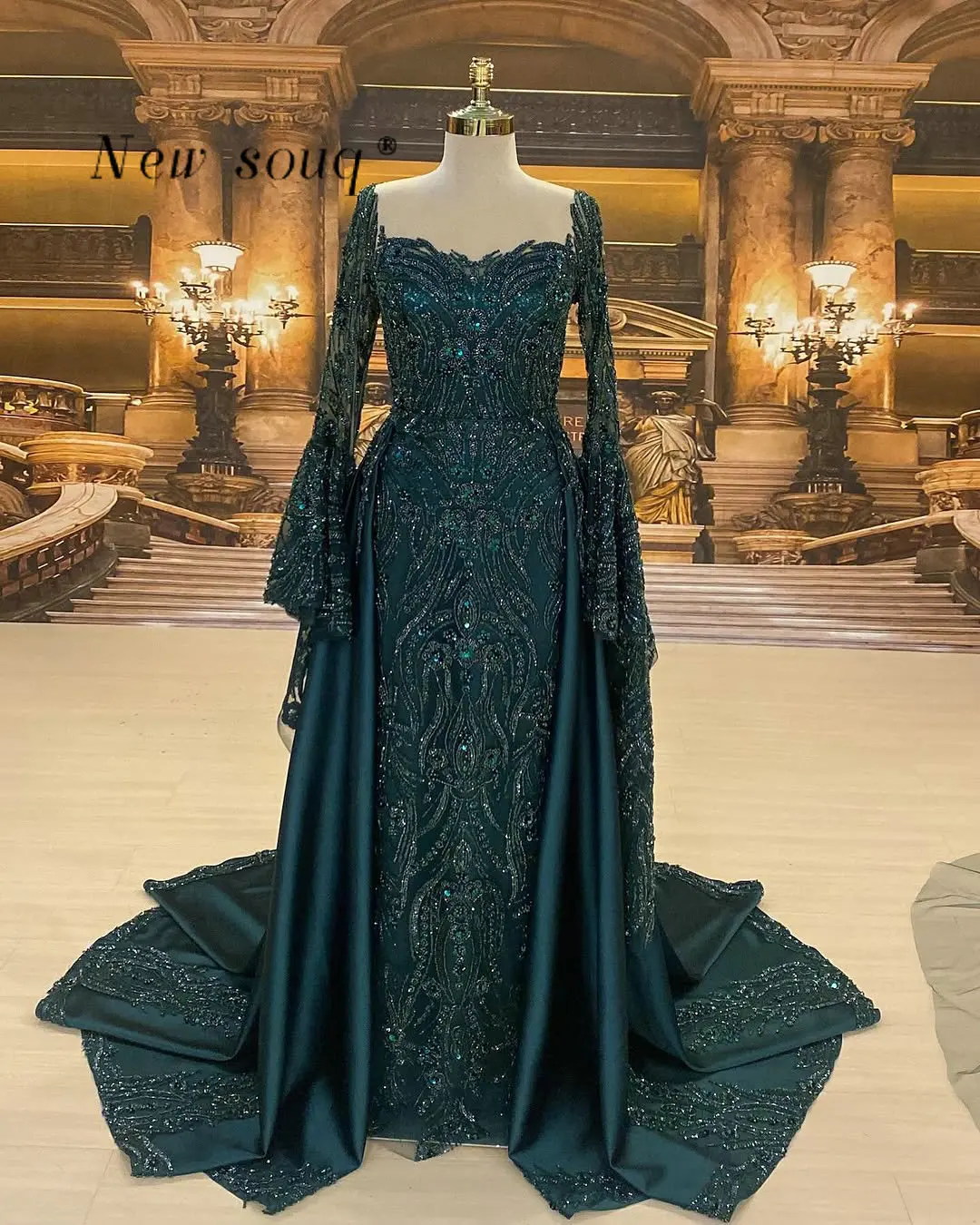 emerald green nikkah dress Emerald Green Bell Long Sleeves Evening Dresses with A Removable Overskirt  Customized Elegant 2 in 1 Nikkah Ceremony Gowns