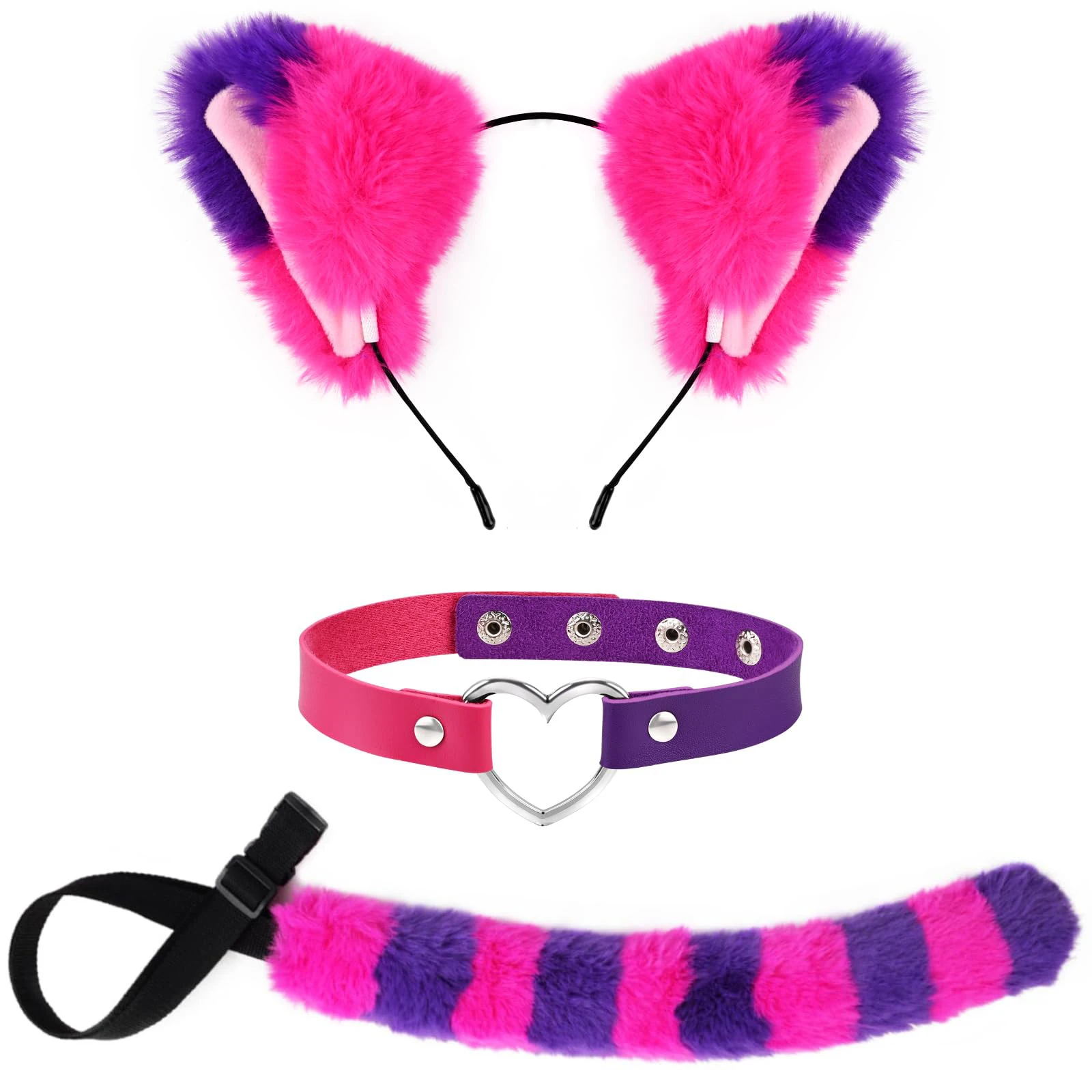 Pink and Purple Striped Cat Costume for Girls Women World Book Day Cosplay Accessories Include Cat Ears Furry Tail and PU Choker