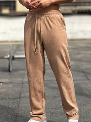 2024 Summer Mens Casual Pants Cotton Linen Solid Color Loose Drawstring Pants Streetwear Men Fashion Lace-up Straight Pants Male