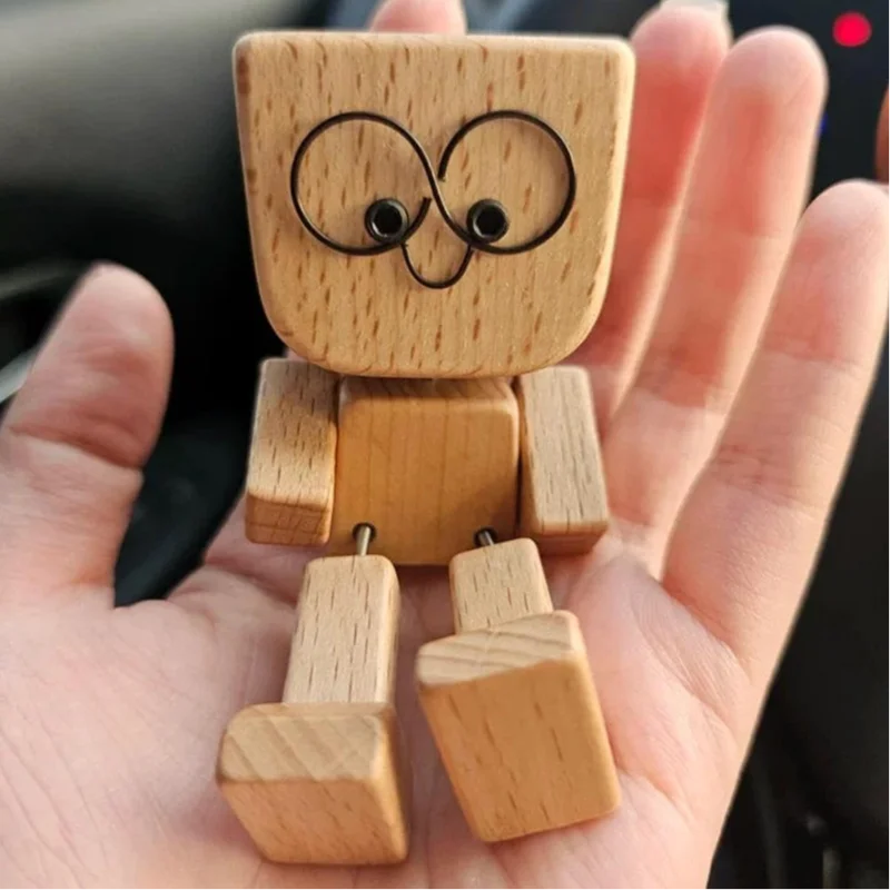 Shaking Man Statue Wooden Man Figurines With 12 Replacement Expression Unique Car Dashboard Decoration Desktop Ornament