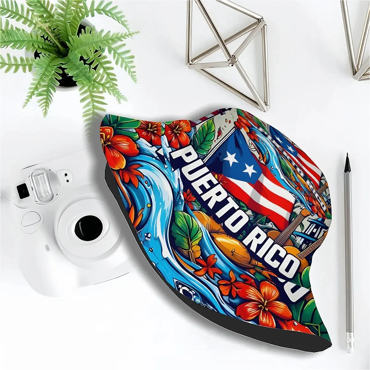 Custom 1pc Puerto Rico Flag And Egg Print, Guitar Pattern Unisex Printed Fisherman Hat, Stylish Hat with Fun, Outdoor Vacation