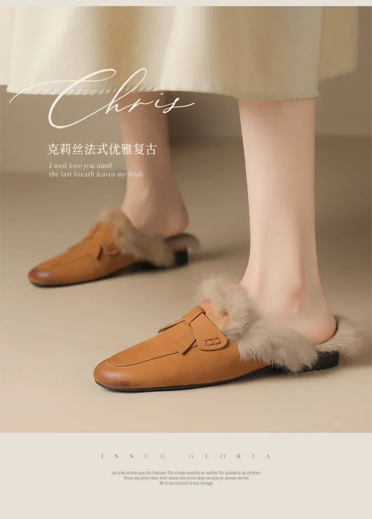 2023Autumn Winter New Fur Shoes Women's Sheepskin Outer Wear Lazy Half Slippers French Bow Muller Shoes Large Warm Women's Shoes