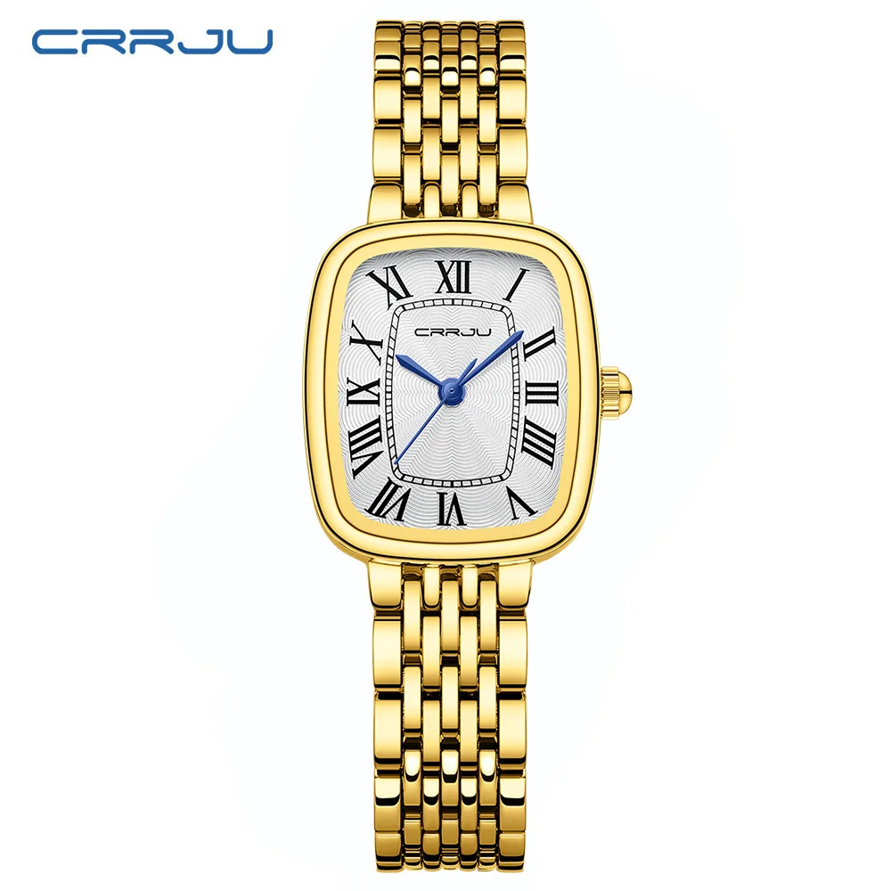 CRRJU Top Brand Gold Watches for Women with Small Vintage Bracelet, Rectangular Case Roman Dial