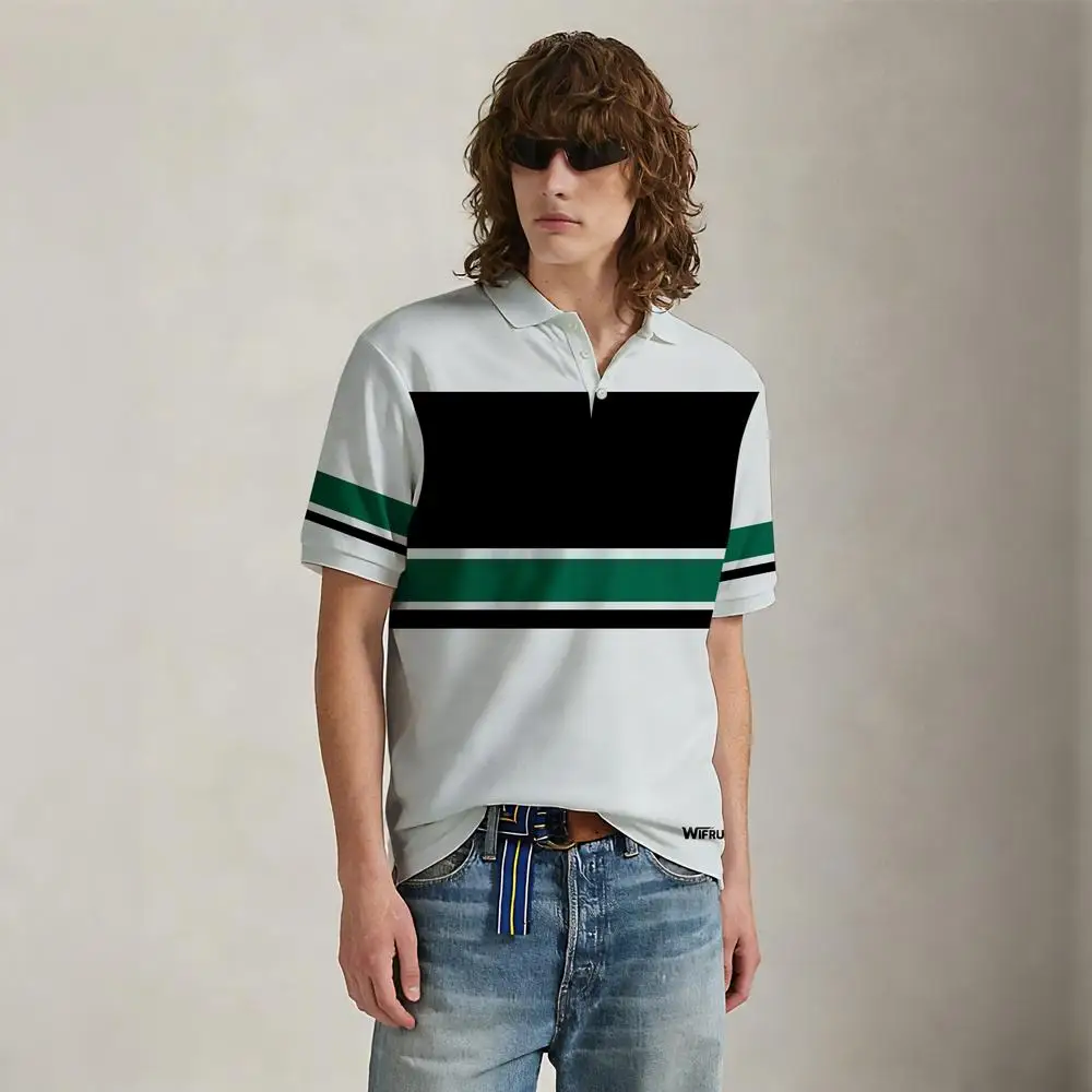 Men's Casual Color-Blocked Striped Polo Shirt Summer Breathable Trendy Collared Short-Sleeve Shirt Y2K Street Style Fashion Top