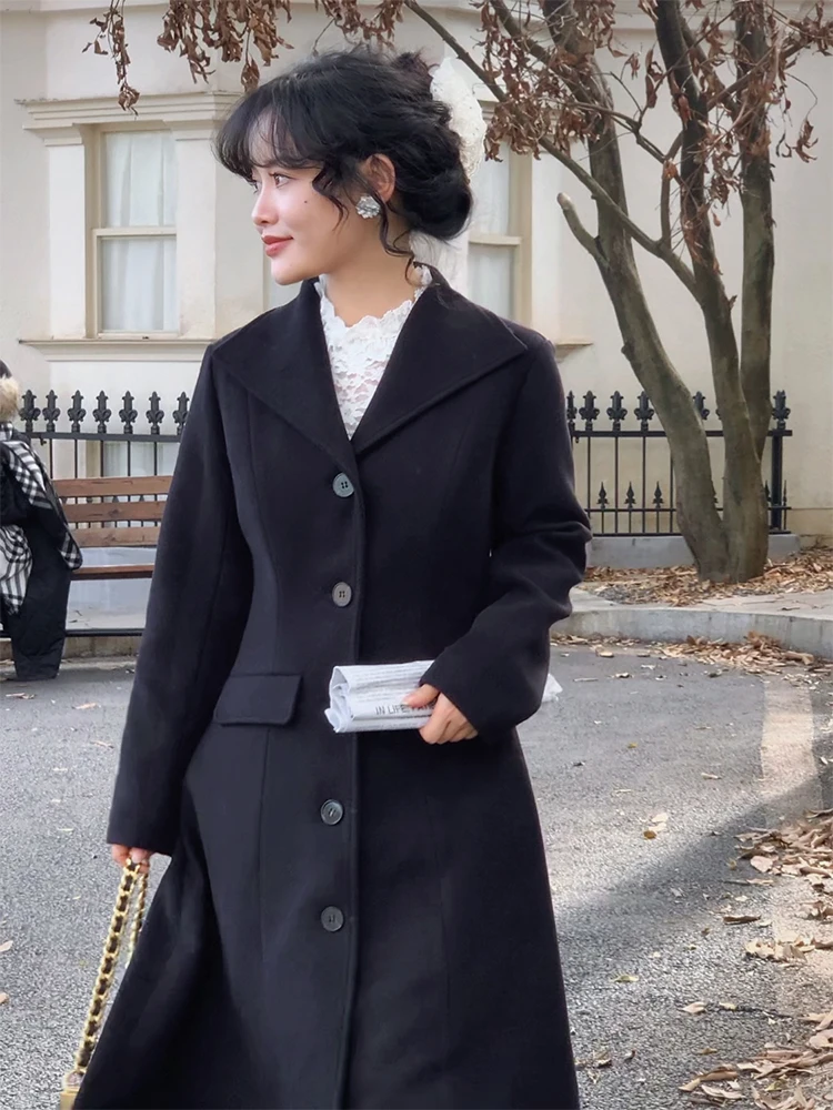 

Yuan ng женское шерстяное пальто средней длины с большим воротником, черное зимнее пальто из полиэстера, вискозы, шерсти, эластичной смеси волокна, повседневное