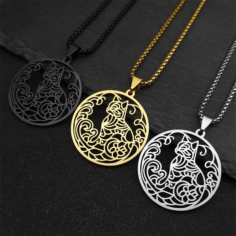 New Hip-Hop Style Stainless Steel Cat Personalized Pendant Necklace For Men Women Black Hollow Flower Animal Jewelry Gifts