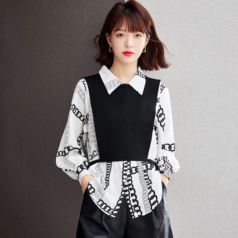 Loose Printed Shirt Vest Fashion Two Piece Set Spring Autumn Women Elegant Trendy Long Sleeve Button Blouse Tops Lady C1747