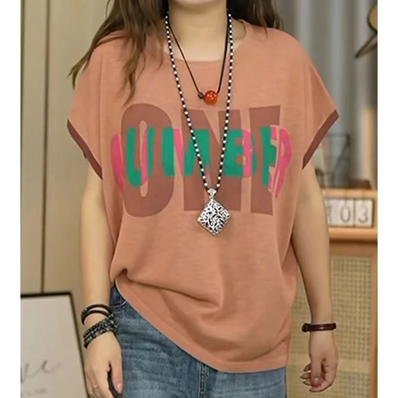 Large size belly round neck blouse women\'s 2024 new fat mm loose reduced age retro letter print short sleeve T-shirt