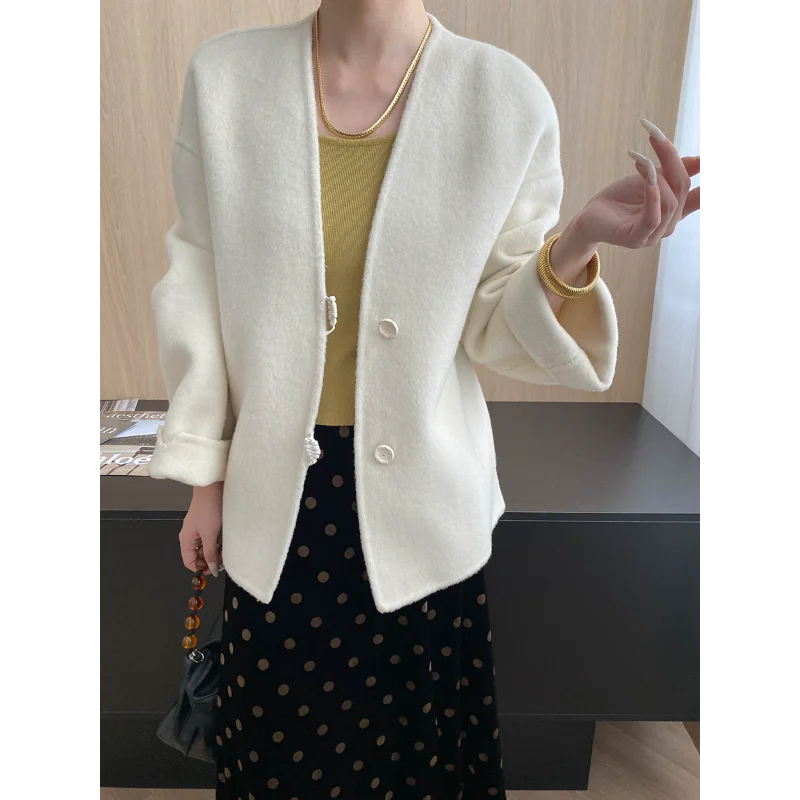 

High Quality V-neck Double-sided Woolen Blended Coat Women Warm Autumn Winter White Black Simple Vintage French Lady Coat