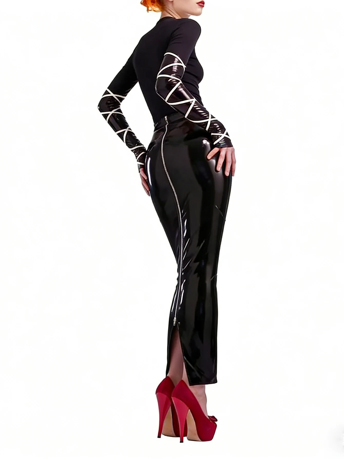 

Women Glossy Faux Leather Back Zipper Open Sexy Pencil Skirts Ladies' Fashionable New Style Hem Slit PU Skirt Support Custom