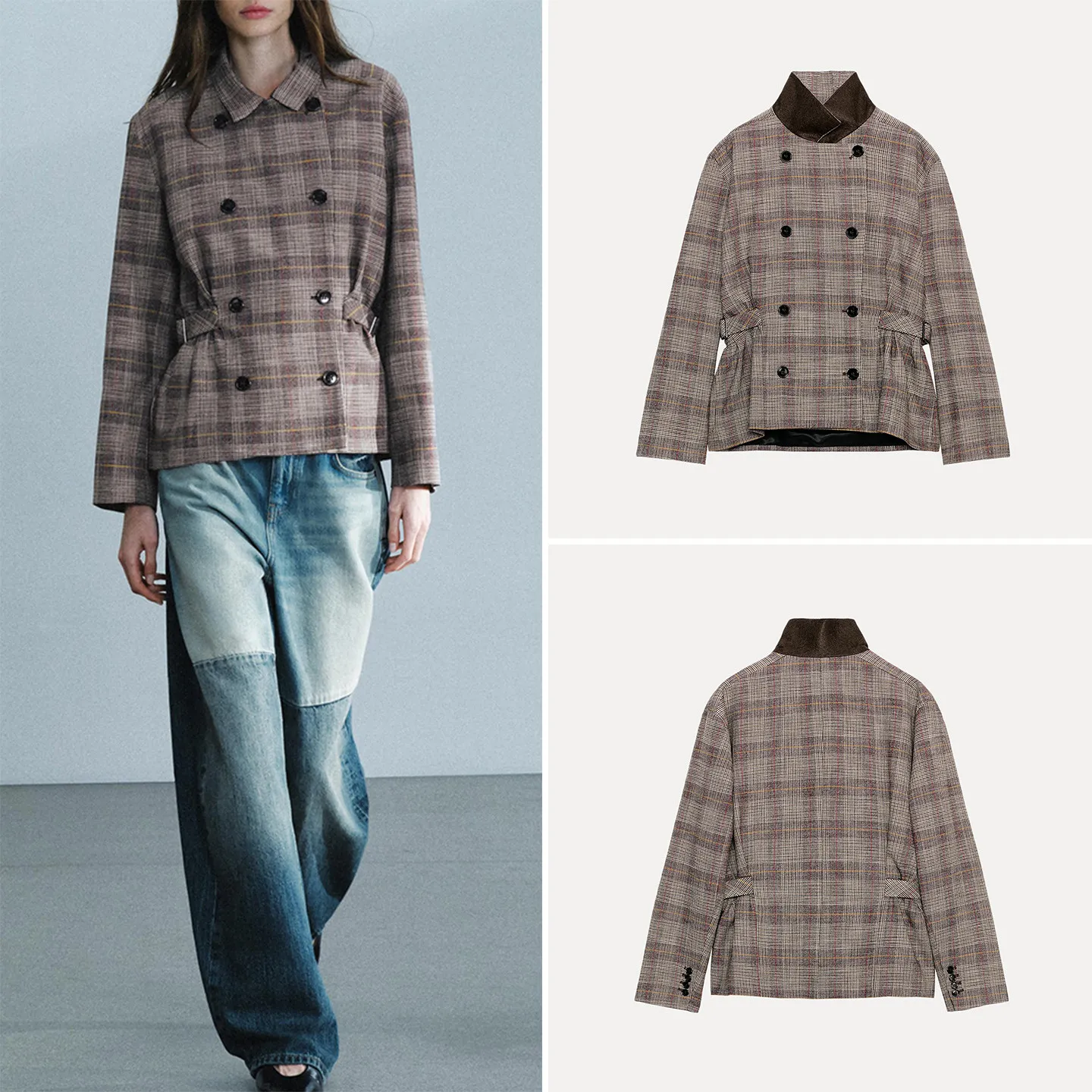 Fashionable Plaid Long Sleeve Stand Collar Women's Suit Jacket Autumn 2026 ZADATA Standard Fit Short Outerwear