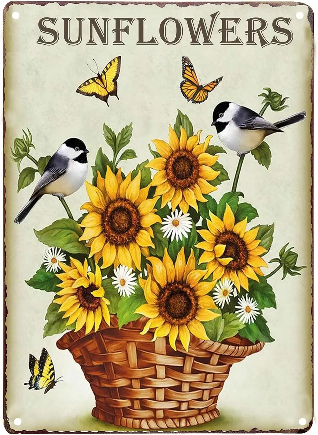 TISOSO Sunflowers Butterfly and Birds Retro Vintage Tin Sign Country Home Wall Decor Signs Gifts Decoration 8X12Inch