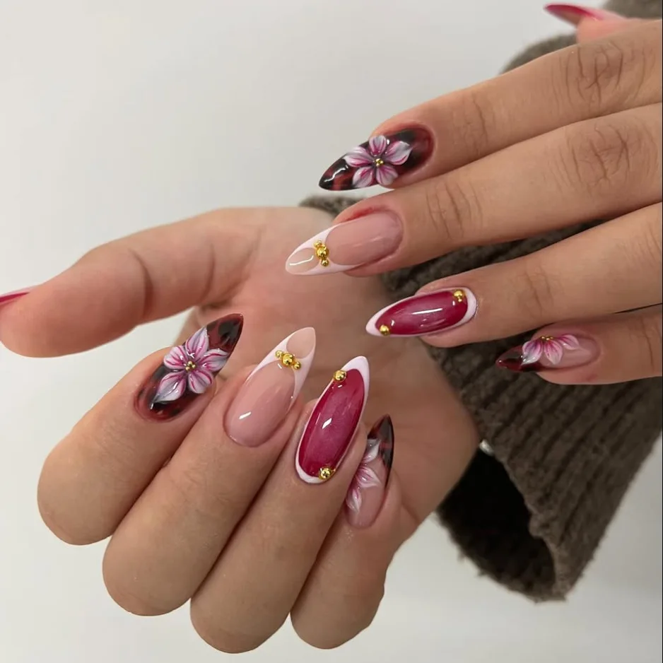 

24Pcs Mid-length Almond Fake Nails Leopard Print French 3D Flower Press on False Nails Wearable Artificial Full Cover Nails Tips