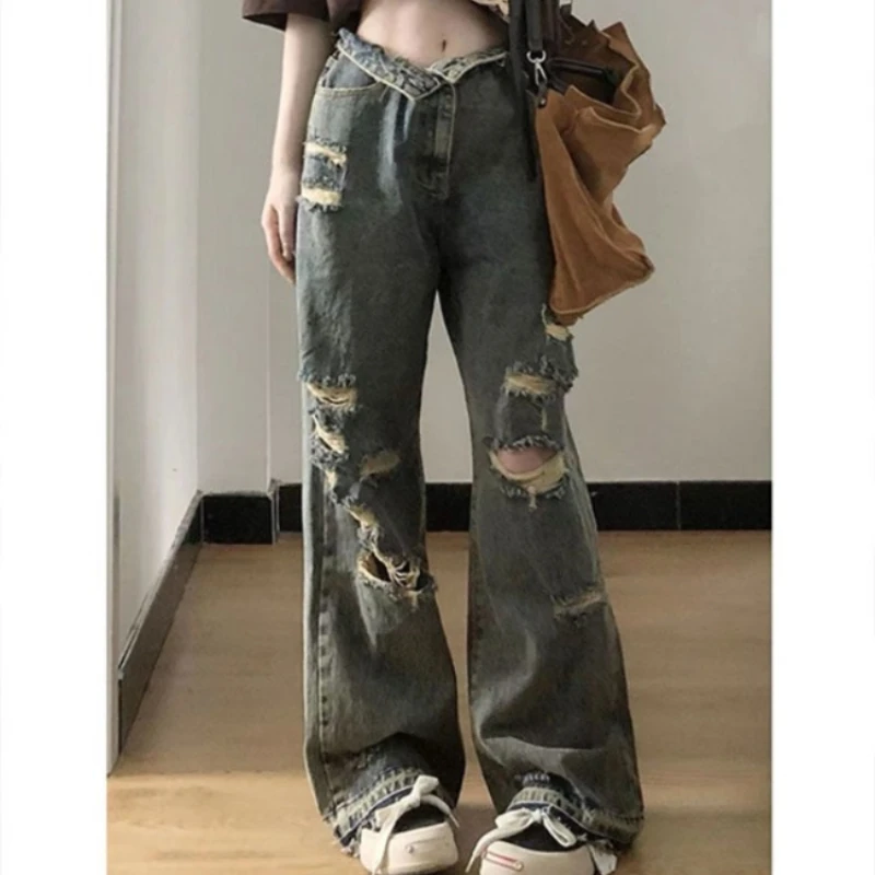 

QWEEK Vintage Baggy Woman's Ripped Jeans Y2k Hip Hop Oversize Denim Pants America High Street Retro Grunge Trousers Korean Style