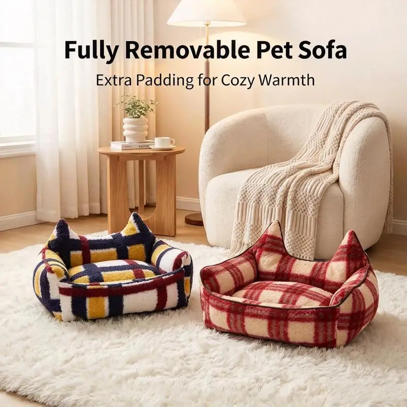 Ear Design Plaid Pet Bed, Warm Fluffy Dog Cat Sofa Bed, Anti-Slip Soft Pet Cushion for Puppy Kitten