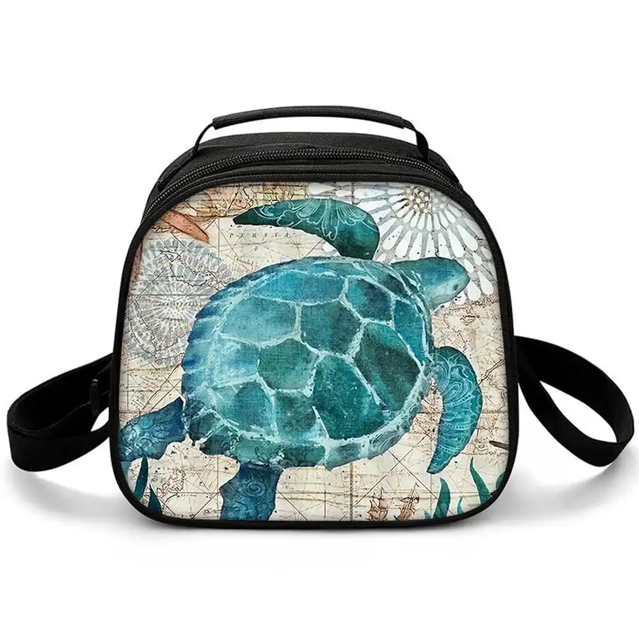 Green Sea Turtle Shoulder Strap Circular Lunch Bag For Boy And Girls Best Gifts 2D Cartoon School Lunch Box Bag For Children