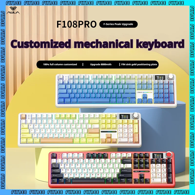 

AULA F108 Mechanical Keyboard Three Mode Wireless Bluetooth 2.4g Side Engraving Rgb Customized Esports Gaming Office Keyboard