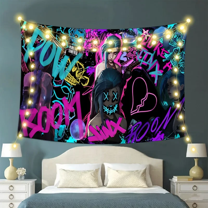 VIKAMA League of Legends Jinx Neon-Graffiti-Wandteppich im Cyberpunk-Stil, Jinx-Charakter-Wandbehang für Gaming-Fan-Schlafzimmerdekoration
