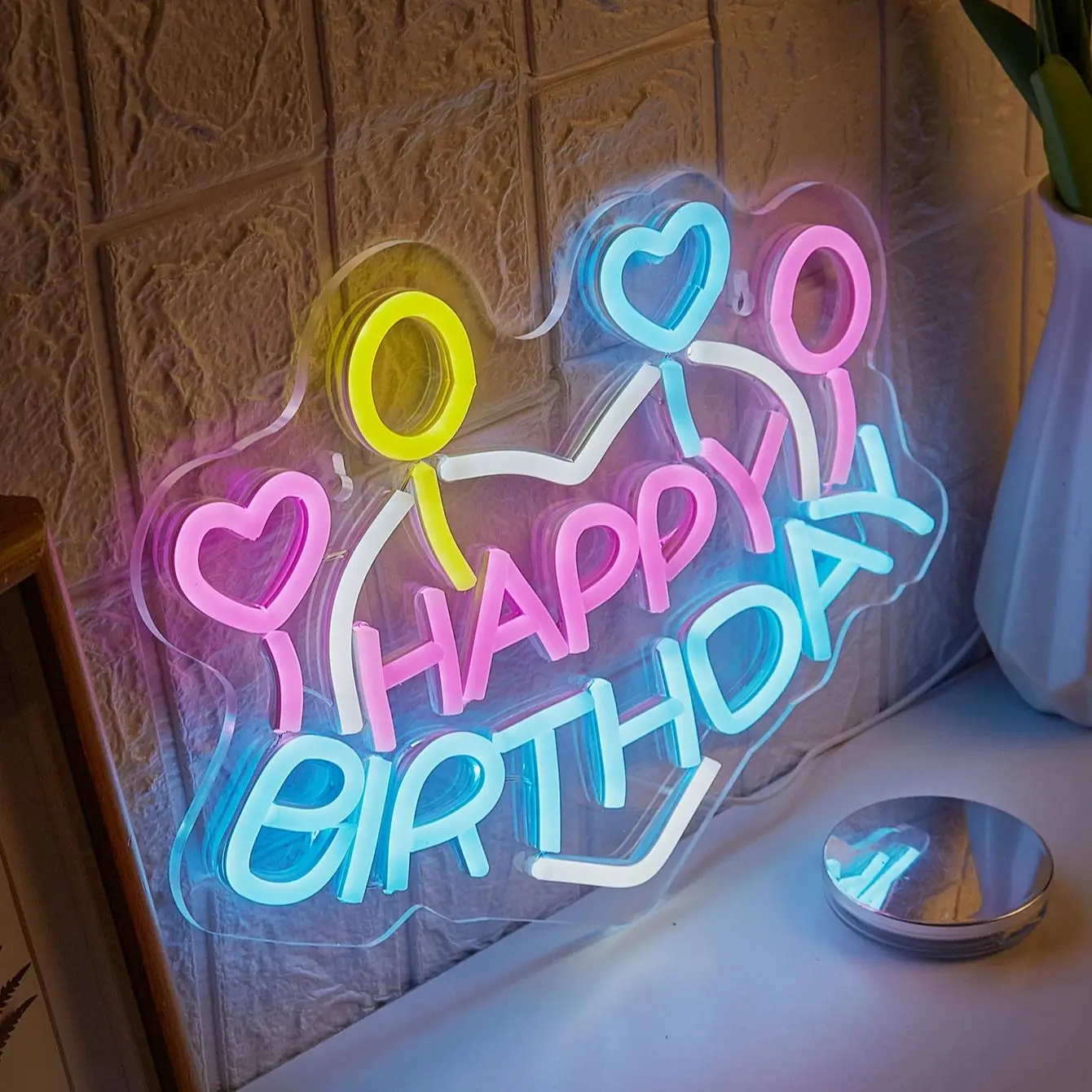 Chi-buy LED Neon Happy Birthday Heart USB Powered Neon Signs Night Light 3D Wall Art & Game Room Bedroom Party Decor Lamp Signs