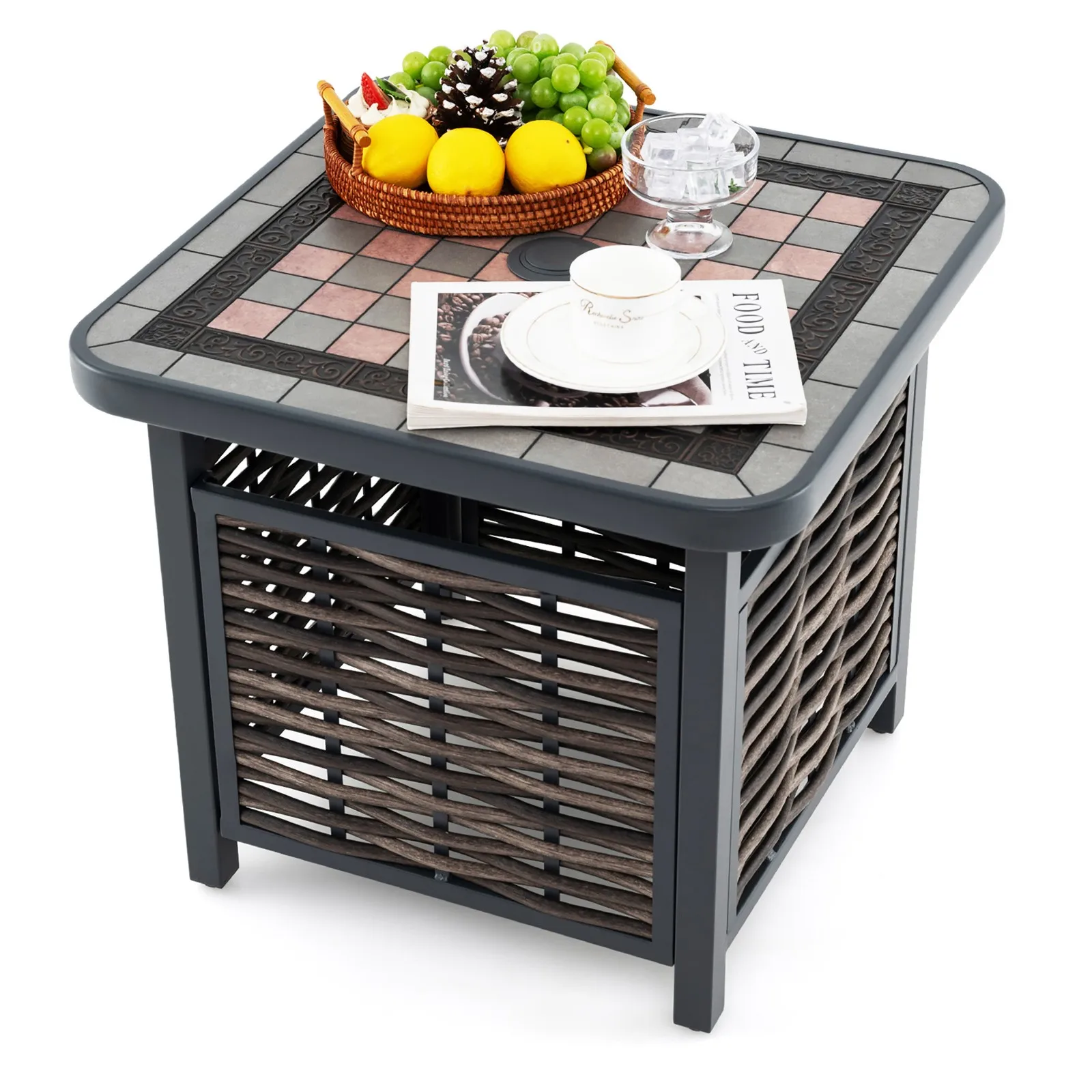 

21.5 Inches Outdoor PE Rattan Side Table w/ Resin Tabletop Umbrella Hole