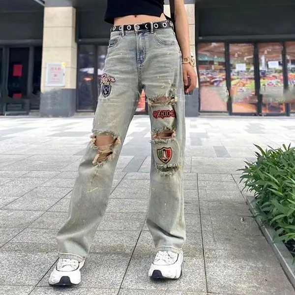 Luxus Marken Hohe Qualität Frau 2025, Sommer Neue Brief Stickerei Zerrissene Jeans frauen Hohe Taille Dünne Design Gerade Hosen