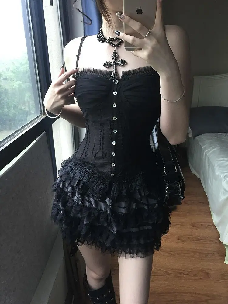 

French Lace Sweet Sexy 2 Piece Set Women Slim Sling One-shoulder Tops Mini Cake Skirt New Design Fashion Hot Girl Summer Outfits