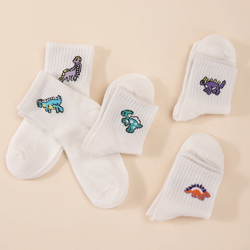 5/10 pairs of boys' four season solid color simple cartoon dinosaur mid tube socks soft and comfortable children's socks