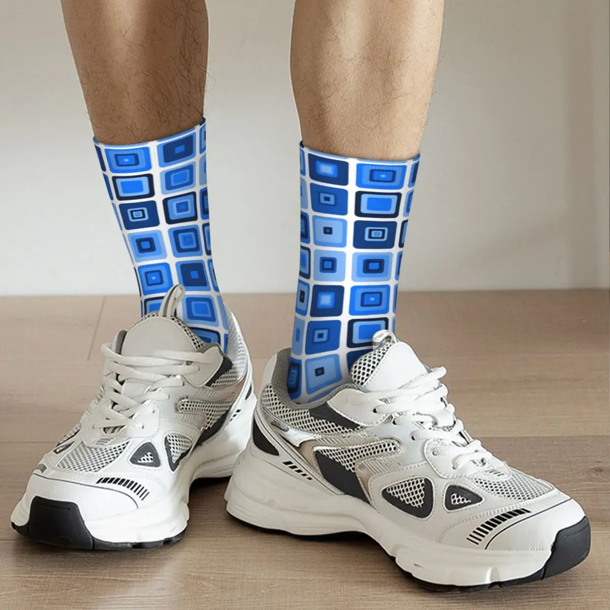 Calzini a compressione da uomo con motivo a quadrati blu astratti retrò Unisex Street Style senza cuciture stampato novità Crew Sock